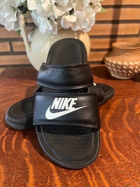 Nike Black Slides with White Swoosh Strap
